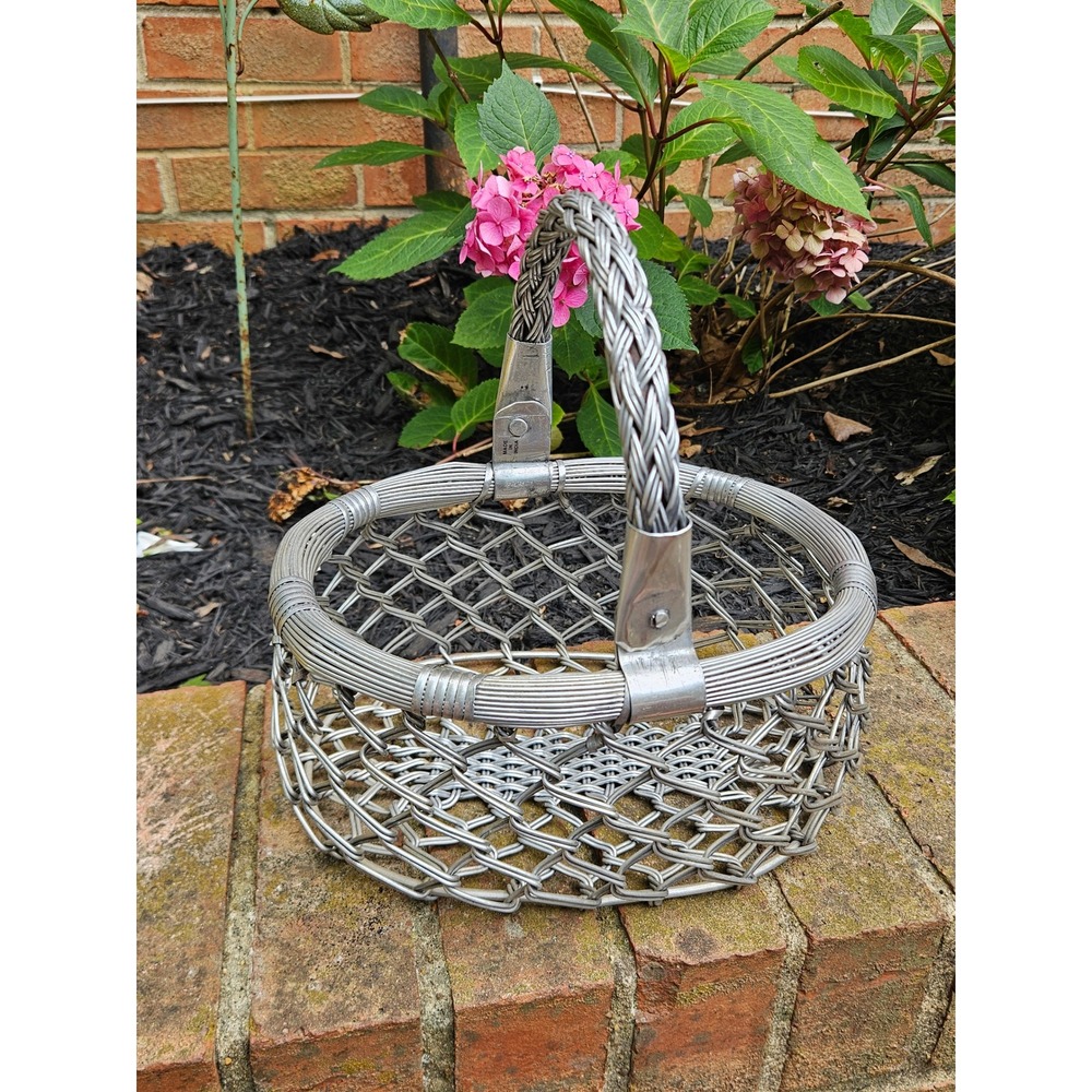 Vintage Woven Aluminum Basket With Swivel Handle 9" x 6" x 5", Made in India